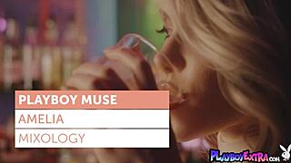 Amelia, the blonde teen, poses naked on the bar counter