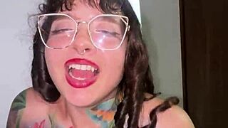 This girl with split tonge deepthroats me sloppy and lets cum on face.