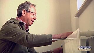 hot sexy blonde bends over for doggystyle in tight pussy then swallows cum