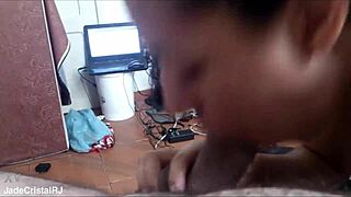 Latina Brunette Slut Gives Close-Up Blowjob on Trailer