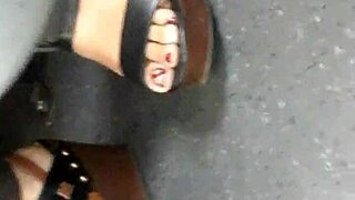 mature feet candid shots in wedges and sandals