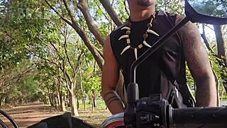 i'm fucking the tattooed motorcyclist in the forest, licking his balls and dominating him