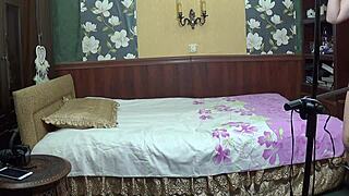 Amateur mature married couple in venice masks explores intimate moments in black lingerie on bed