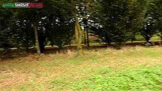 A voyeur watches outdoor foot worship and facesitting humiliation by old femdom slave.