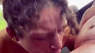 Busty hooker rides reverse cowgirl in car!