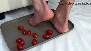 i trample tomatoes with my feet in a mature housewife solo fetish video