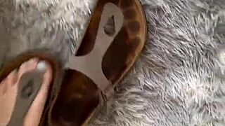 Nice Friday with barefoot feet in leather skirt