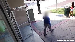 officer pounder catches the brunette and takes her to his office for questioning