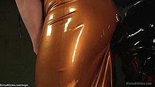 busty femdom pegs guy in wild suspension setup