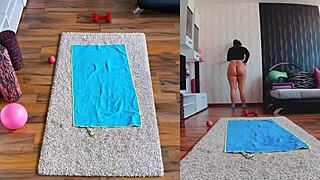 curvy milf performs naked yoga workout in dual cam