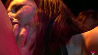 Two mistresses in heels dominate a naughty brunette with toys in a threesome