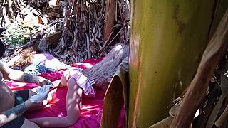 Fucked Tight Redhead with Dildo Outdoors