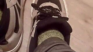 My friend has fun trashing my sneakers with her feet