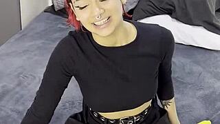 tiny emo goth teen 18+ having interview before casting session