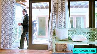 Lauren Phillips explains nuru massage to client David Lee in a casual chat