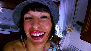 Shaved Pussy Brunette Milf Gets Anal Fingered and Fucked in Kitchen