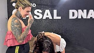 Chubby Blonde Licked And Fucked With Strapon.