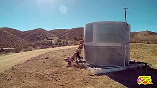 Outdoors, brunette and blonde lesbians lick tight pussies and trib