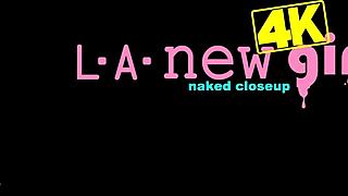 Glamorous blonde muse interviews and shows body on sofa