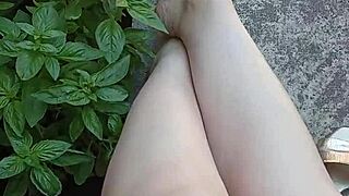 gretala lets her juicy pussy air out in the outdoor courtyard, feeling the breeze on her wet lips