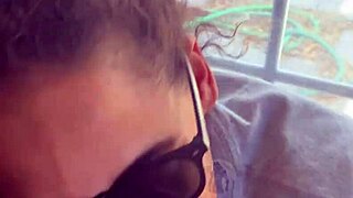 Lightskin ebony step-sister gives blowjob by window, gets cum on face as boyfriend searches.