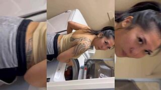 Asian babe gets creampied in the laundry room 😍