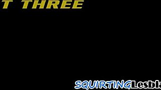 Squirting lesbian dominates tight babe's pussy.