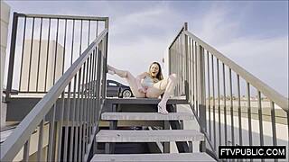 Public anal solo with flashing