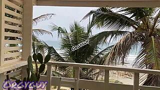 ebony wife flashes pussy at beach house