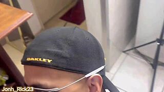 Young guy invites muscular neighbor for blowjob with girlfriend