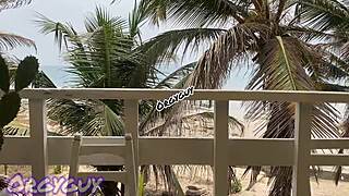 ebony wife flashes pussy at beach house