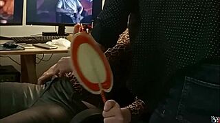 French amateur in black leather pants and satin lingerie gets rimming and doggystyle pov