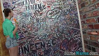 glamour whore riding toy hard, getting ready for blowbang and bukkake facial