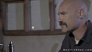 Baldheaded husband intensely bangs busty wife's shaved pussy with monster cock in hardcore session