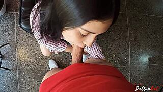 student girl sucks gently and loves cum, oh yeah, with her curvy body and pretty feet