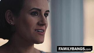 gorgeous milf subtly reveals her hidden lesbian desires to ex-husband's sister in the garage, hinting at strapon play and shared orgasms