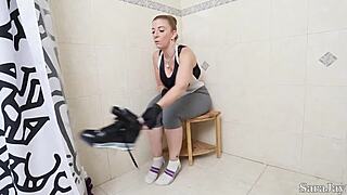 yo this hot blonde cougar sara jay bangs her wet pussy with huge dildo in steamy shower after gym