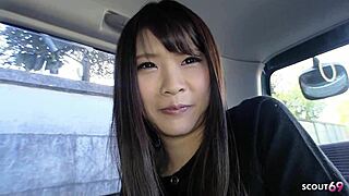 Petite japanese teen 18+ gets picked up for first time casting with hairy pussy vibro egg orgasm in car