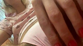 housewife teases big clit with vibrator through wet panties in close up