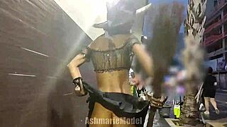 Check out this hairy pussy upskirt and flashing in public - it's like trick or treat with armpits and feet too.