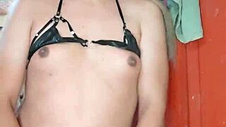 transsexual individual engages in solo activity with a satisfying tool in a personal setting