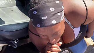 Intriguing ebony BBW thot goes crazy sucking cock in public