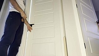 Redhead girlfriend flashes and teases plumber outdoors. She sucks his huge cock and swallows cum in toilet.