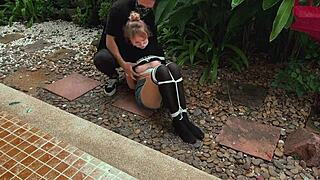 Oh My God, This Beauty From The Park Gets Tangled Up In Bondage! She's A Blonde Teen Moaning Outdoors In Tickling Torment!