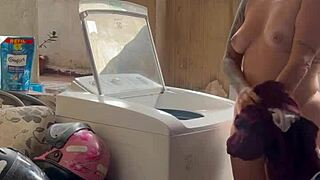 WHOA, Neighbor HIDES While Woman Washes Clothes OUTDOORS With Big Ass And Small Tits SPREADING Wet Pussy!
