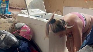 WHOA, Neighbor HIDES While Woman Washes Clothes OUTDOORS With Big Ass And Small Tits SPREADING Wet Pussy!