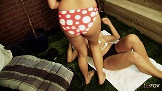 Big titty brunettes feel intense passion while face sitting and fingering those shaven pussies in lesbian action