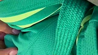 Bodybuilder shares a solo moment focusing on muscular build and small waist in a personal vibe.