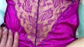 Colombian babe in purple satin lingerie and thong spreads for intense panty fuck play with slow teasing moves.