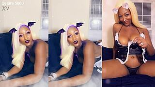 the ebony maid starts house cleaning in her thong costume for roleplay. she gives jerk off instructions with pierced nipples and big tits in homemade mature cosplay.